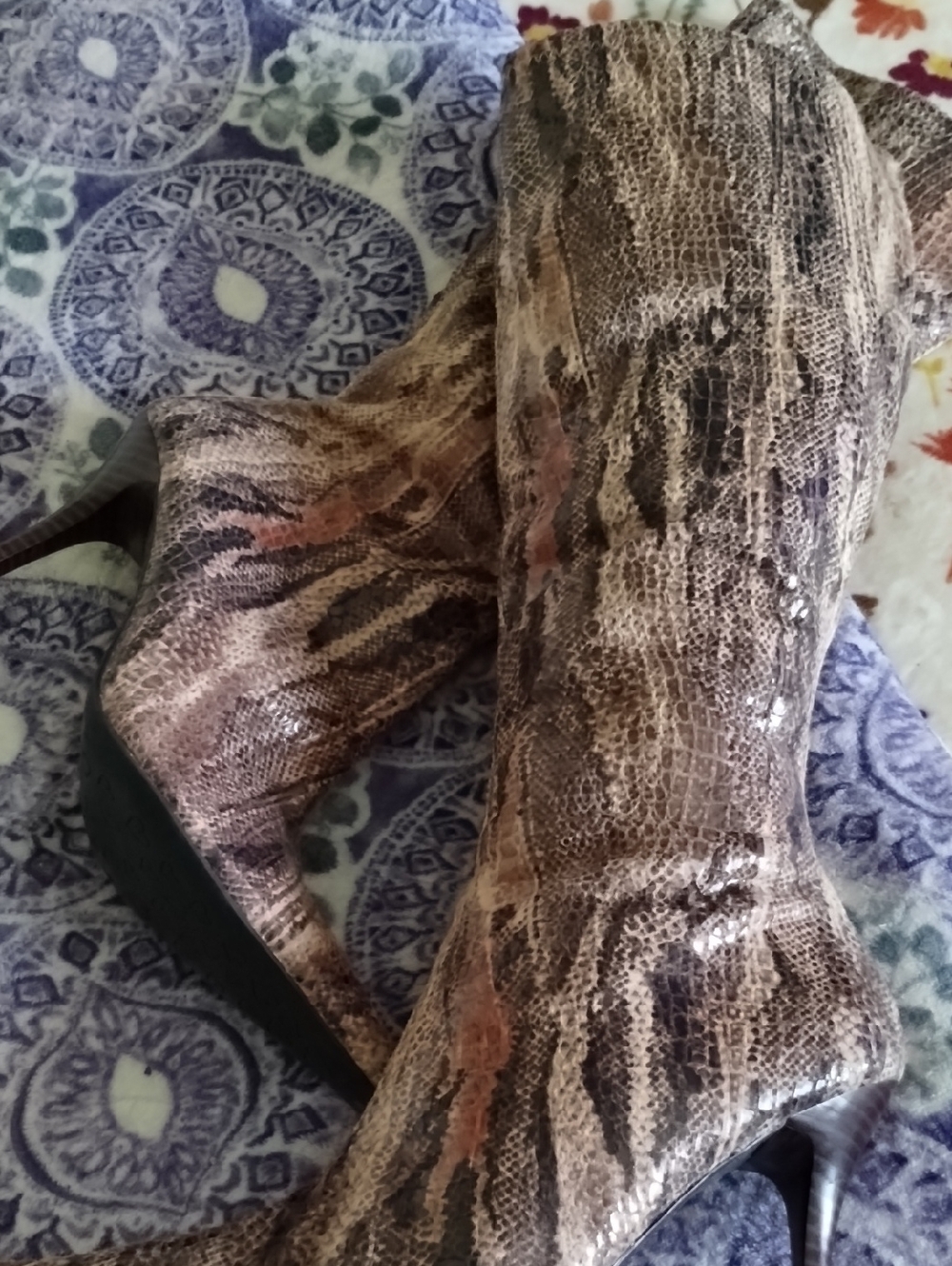 Luichiny Snake-Print Knee-High Heeled Boots in Brown and Tan